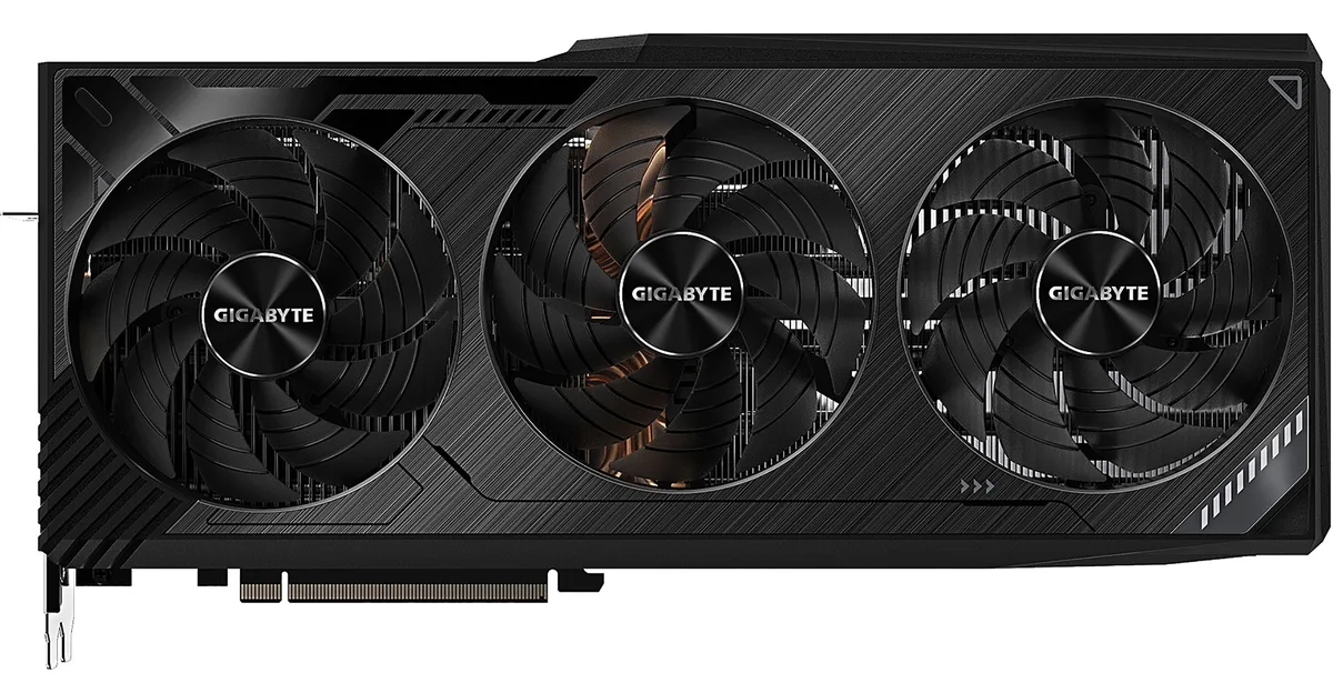 Triple-fan graphics card, silver metal shroud, 3.5-slot ATX form factor