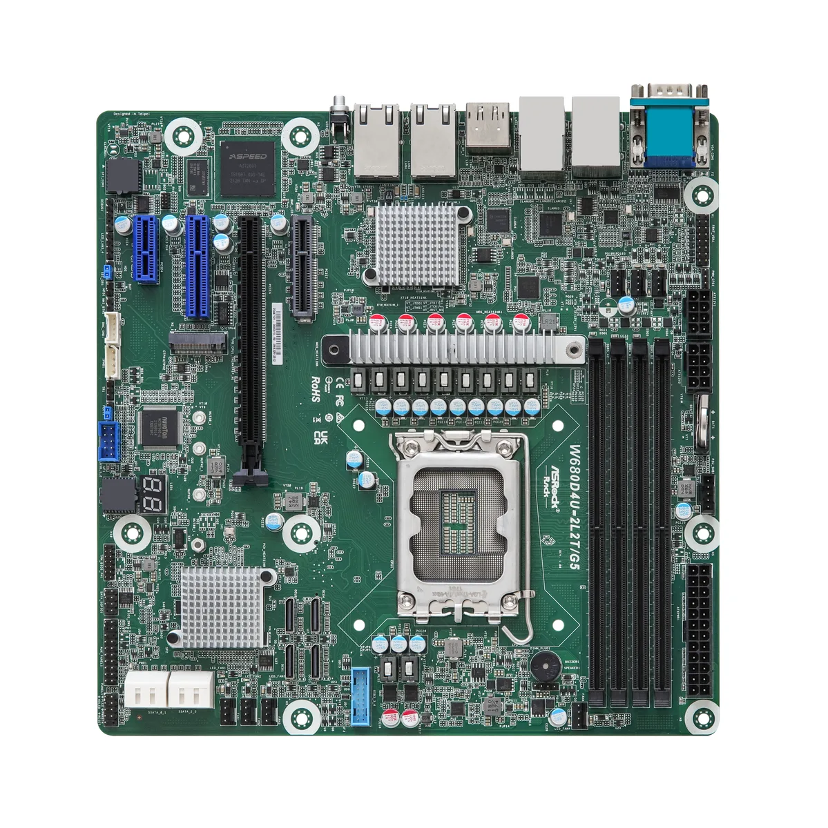 Micro-ATX server motherboard, dark PCB, silver sockets, dual 10GbE RJ45 ports, multiple PCIe slots