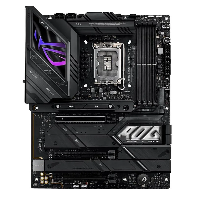 Black ATX motherboard with silver heatsinks and rear I/O shield