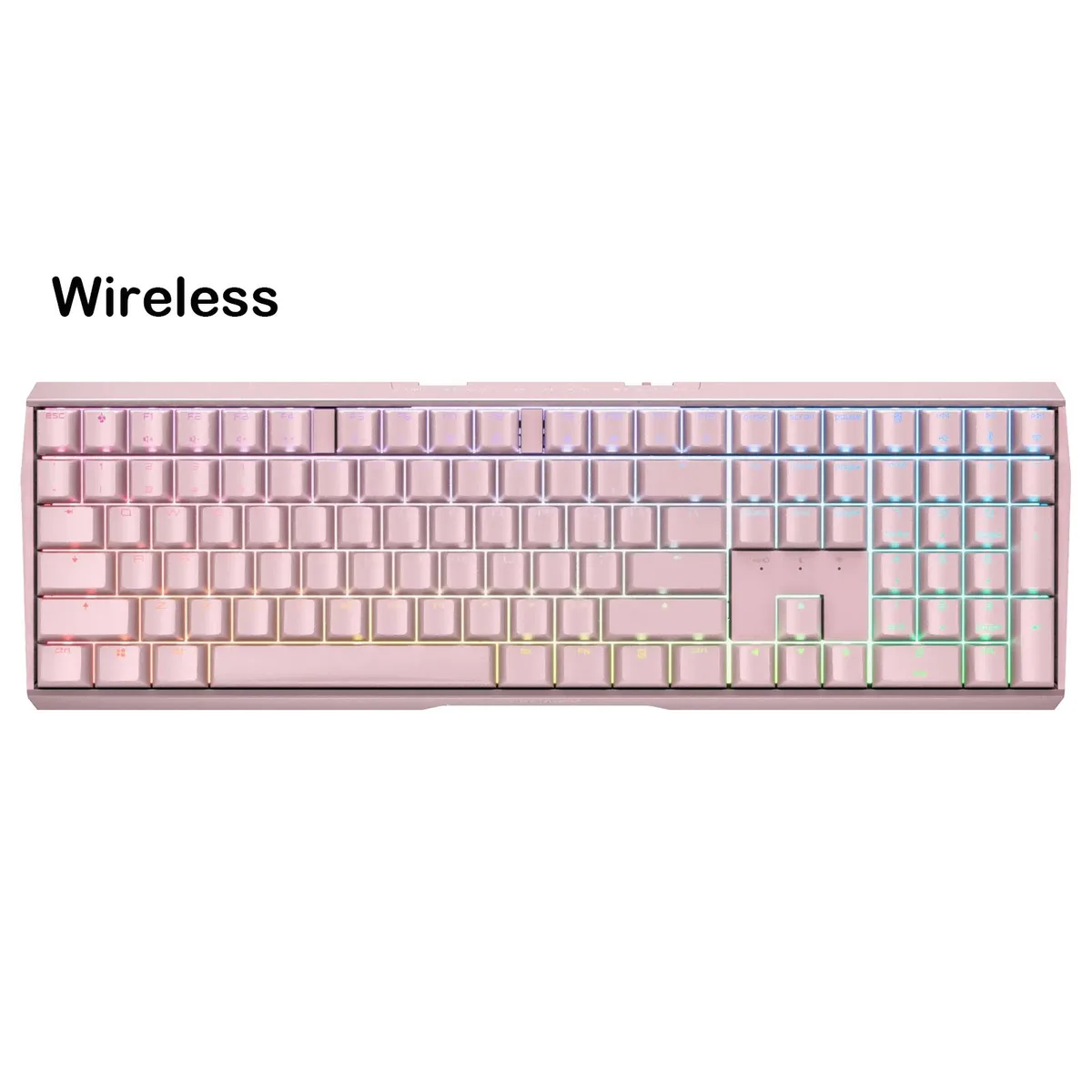 Pink full-size mechanical keyboard with anodised aluminium frame and RGB backlighting