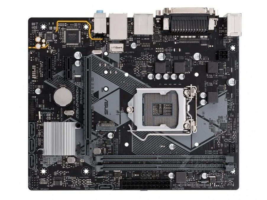 Green Micro ATX motherboard with silver sockets and black heatsinks