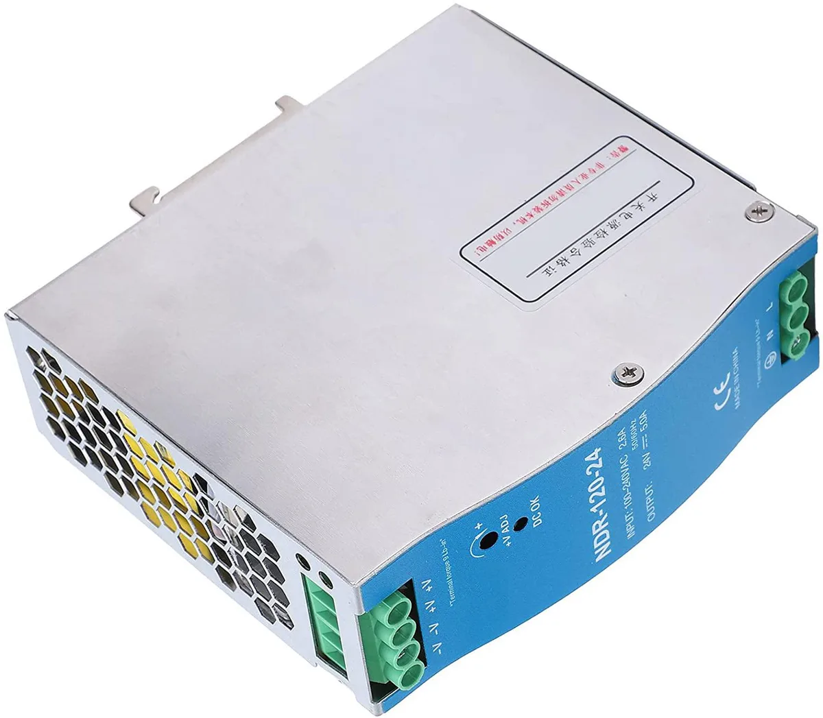 Silver aluminium DIN rail power supply unit with ventilation slots and terminal blocks