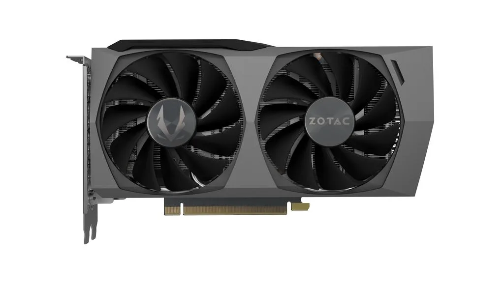 Dual-fan graphics card in black with metal backplate and white LED logo