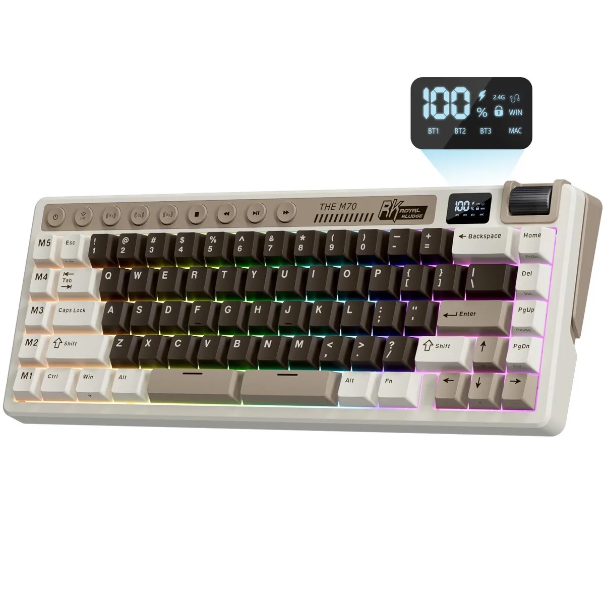 Compact 75 percent black mechanical keyboard with digital display and volume knob
