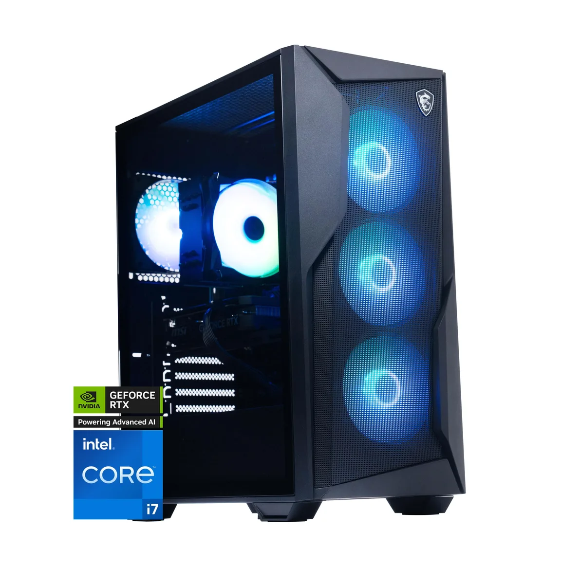 Mid-tower gaming desktop in dark finish with RGB lighting visible through side panel
