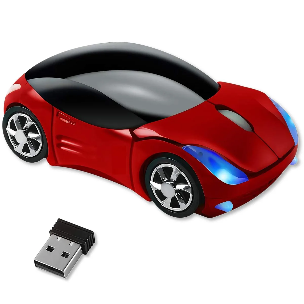 Red car-shaped wireless mouse with LED lights, USB receiver, 1600 DPI optical sensor, two buttons, lightweight right-hand design