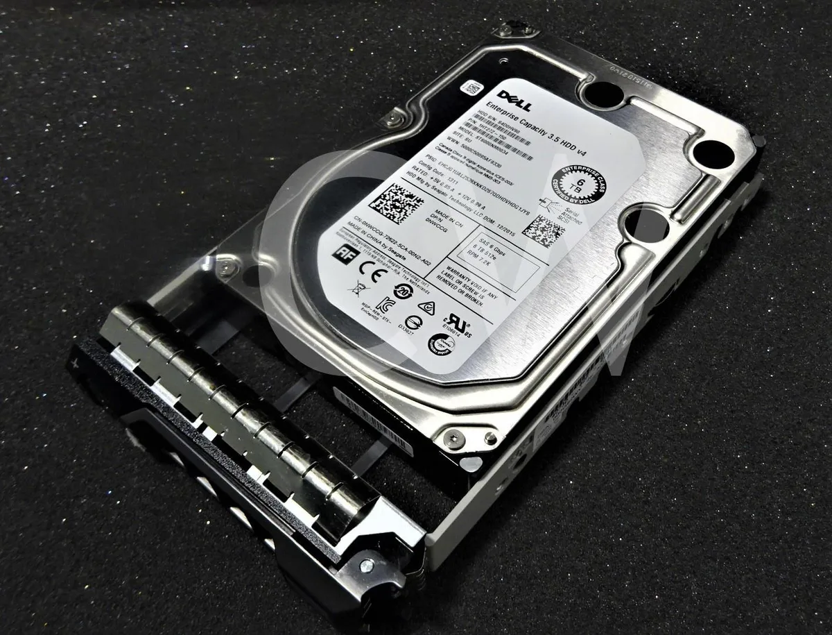 Silver 3.5 inch SAS hard drive mounted in black server caddy
