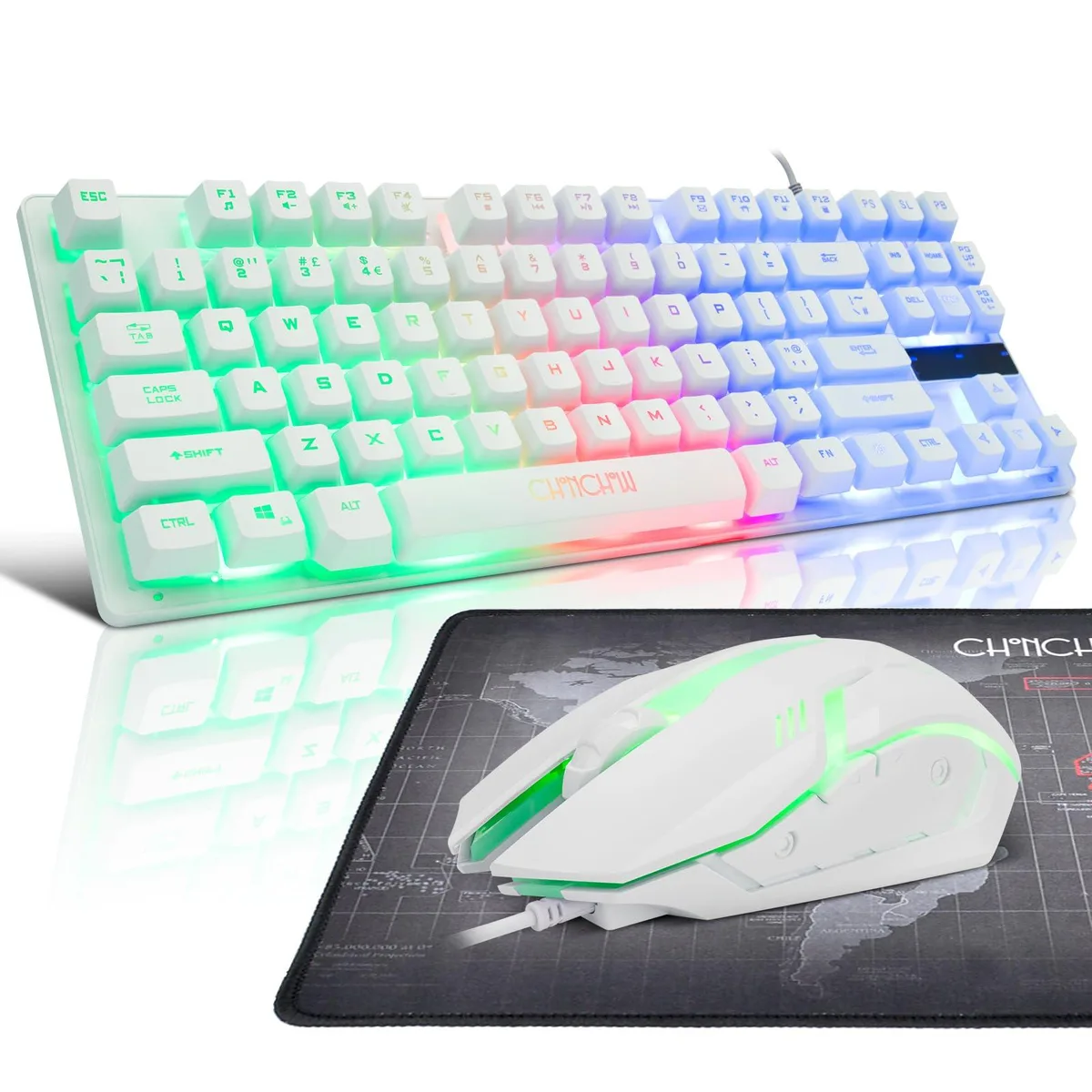 Black tenkeyless keyboard with rainbow backlight and matching six-button mouse, both wired with 1.5 m USB cables
