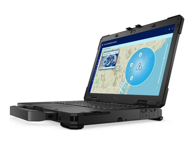 Black 14-inch rugged laptop with rigid handle, matte finish, non-touch FHD screen