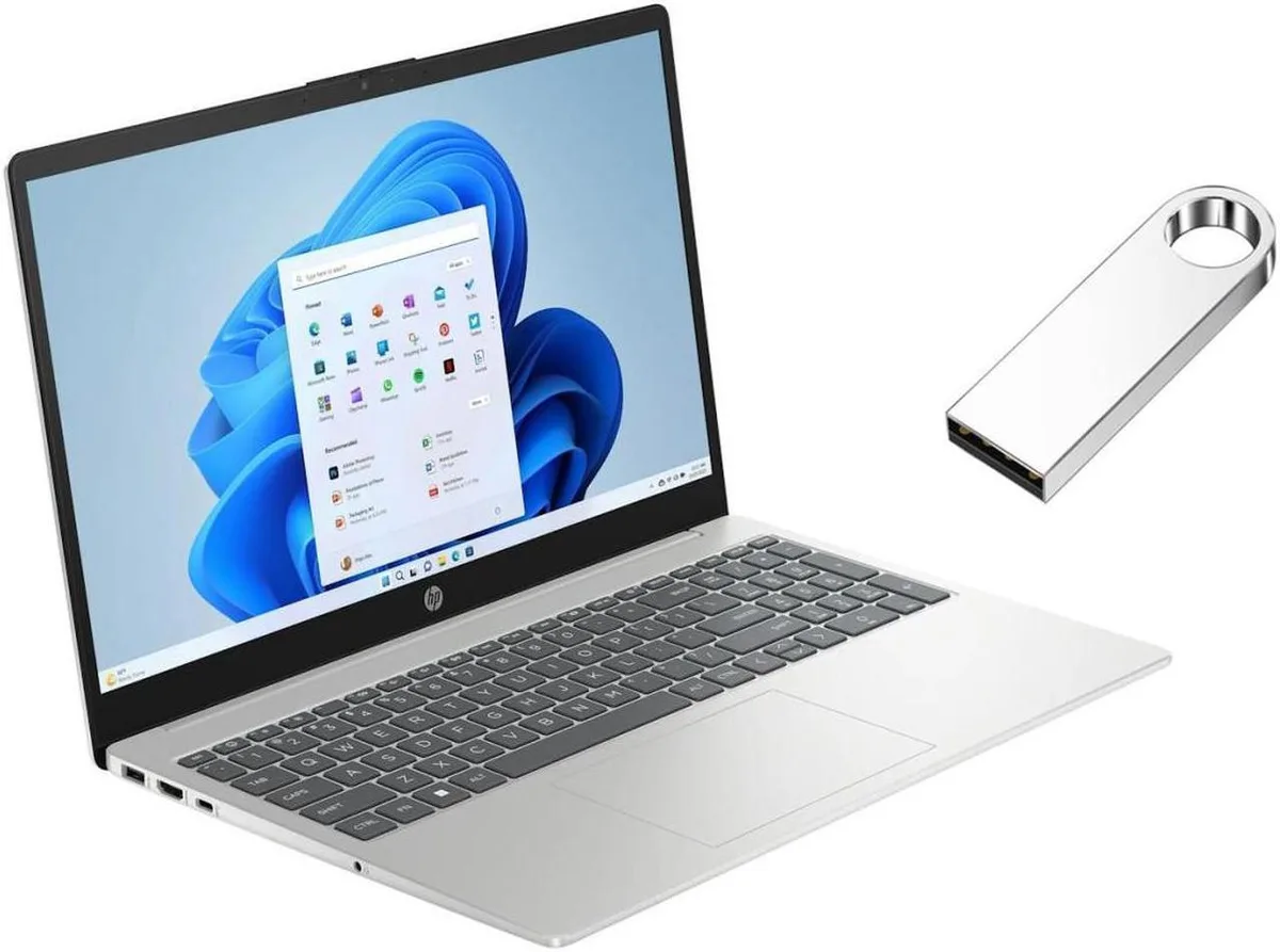 Silver 15.6 inch laptop with non-touch FHD display and standard clamshell form factor