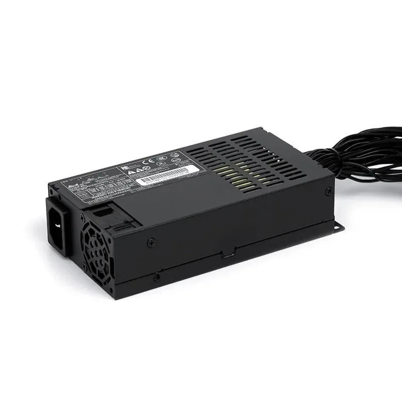 Compact 1U power supply unit with matte black metal casing and rear cooling fan