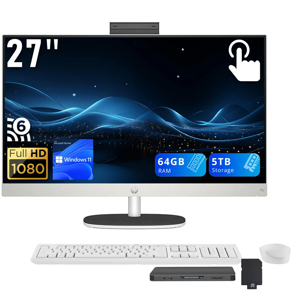 HP HP All-in-One PC 27" FHD Touch AMD Ryzen AI 7 350 64GB DDR5 4TB SSD + 1TB Dock White — ภาพสินค้า