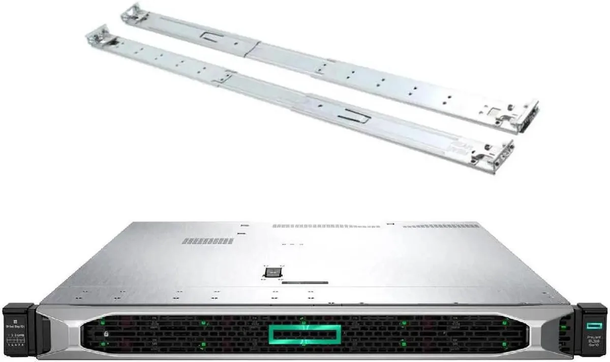HPE ProLiant DL360 Gen10 1U rack server silver front with drive bays and rail kit
