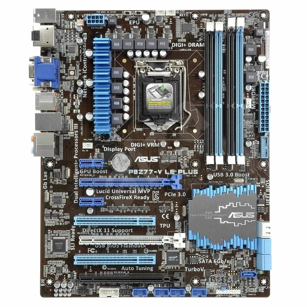 ATX motherboard with dark PCB and silver heatsinks