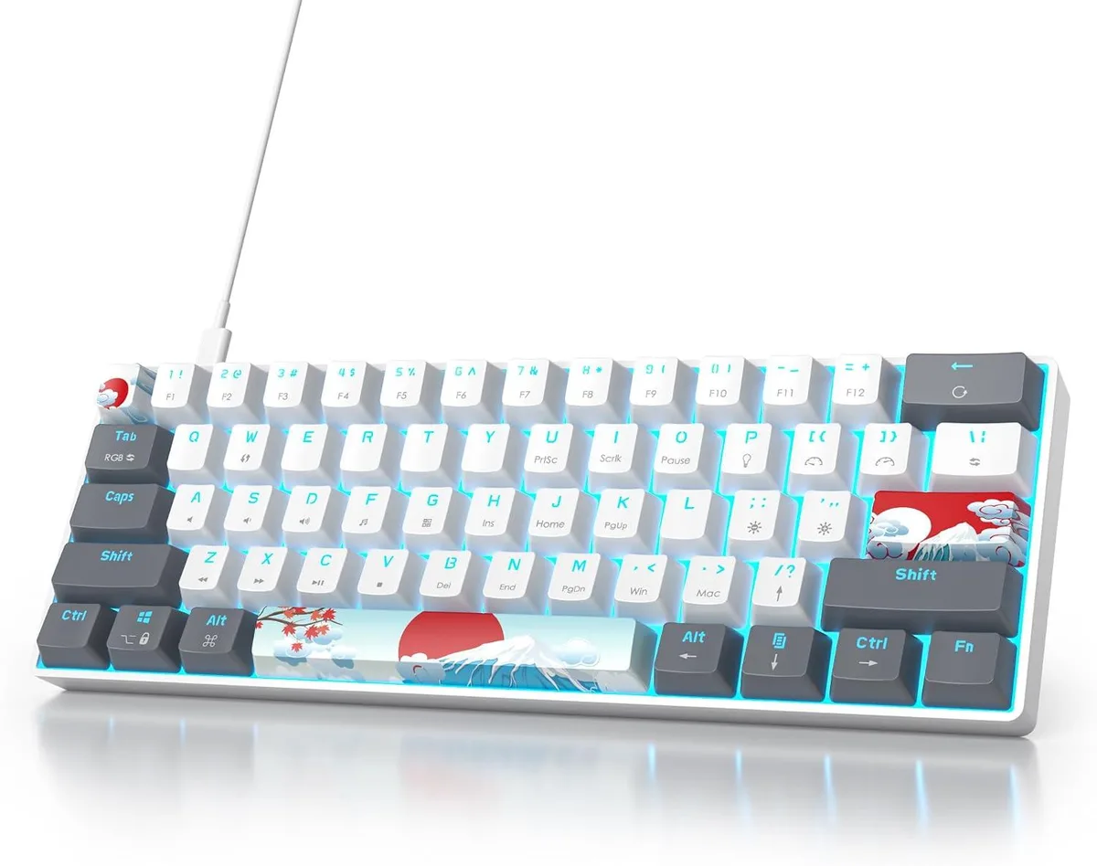 White compact 60 percent mechanical keyboard with red linear switches and RGB backlighting