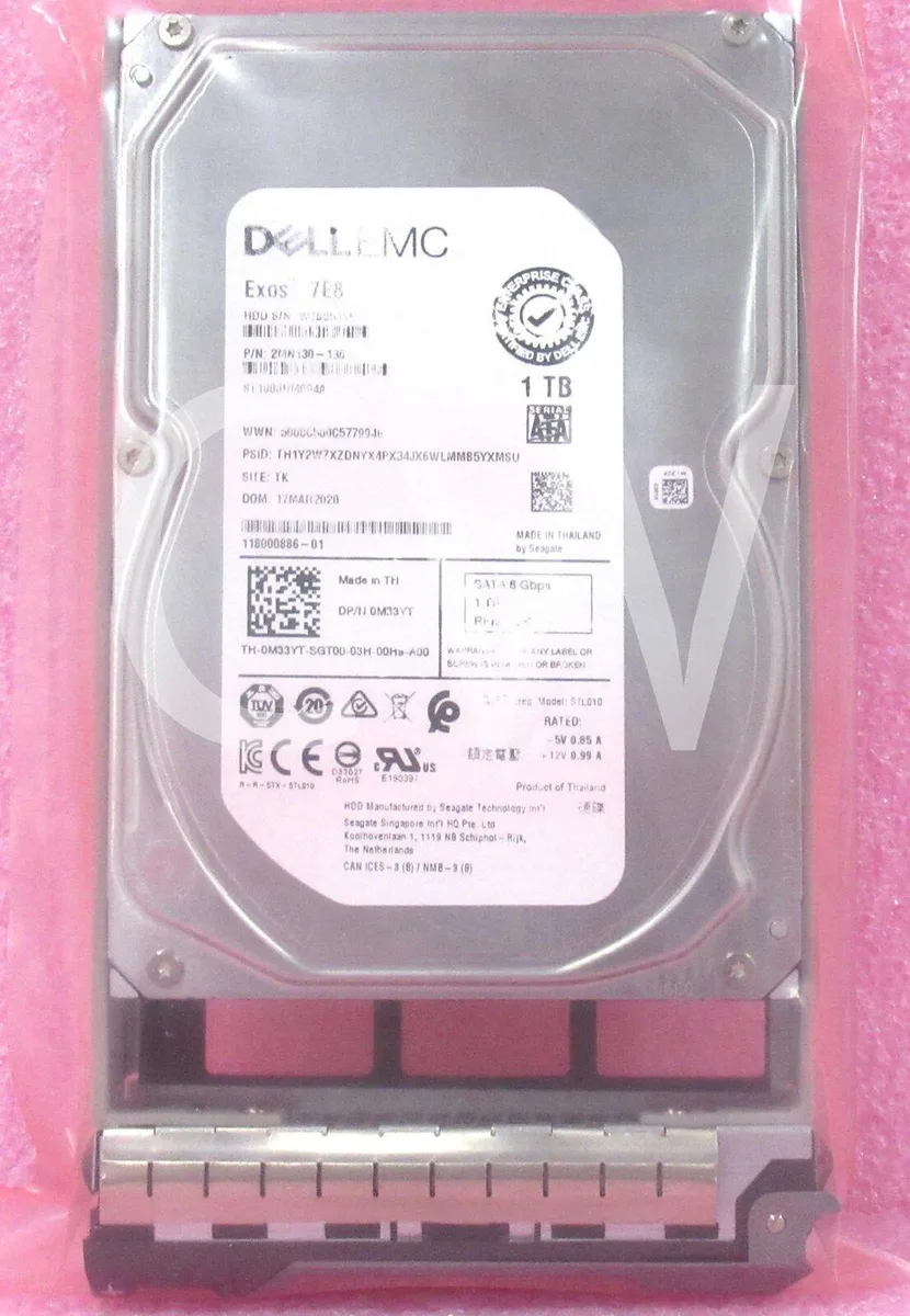 Silver 3.5 inch hard drive mounted in black Dell server tray