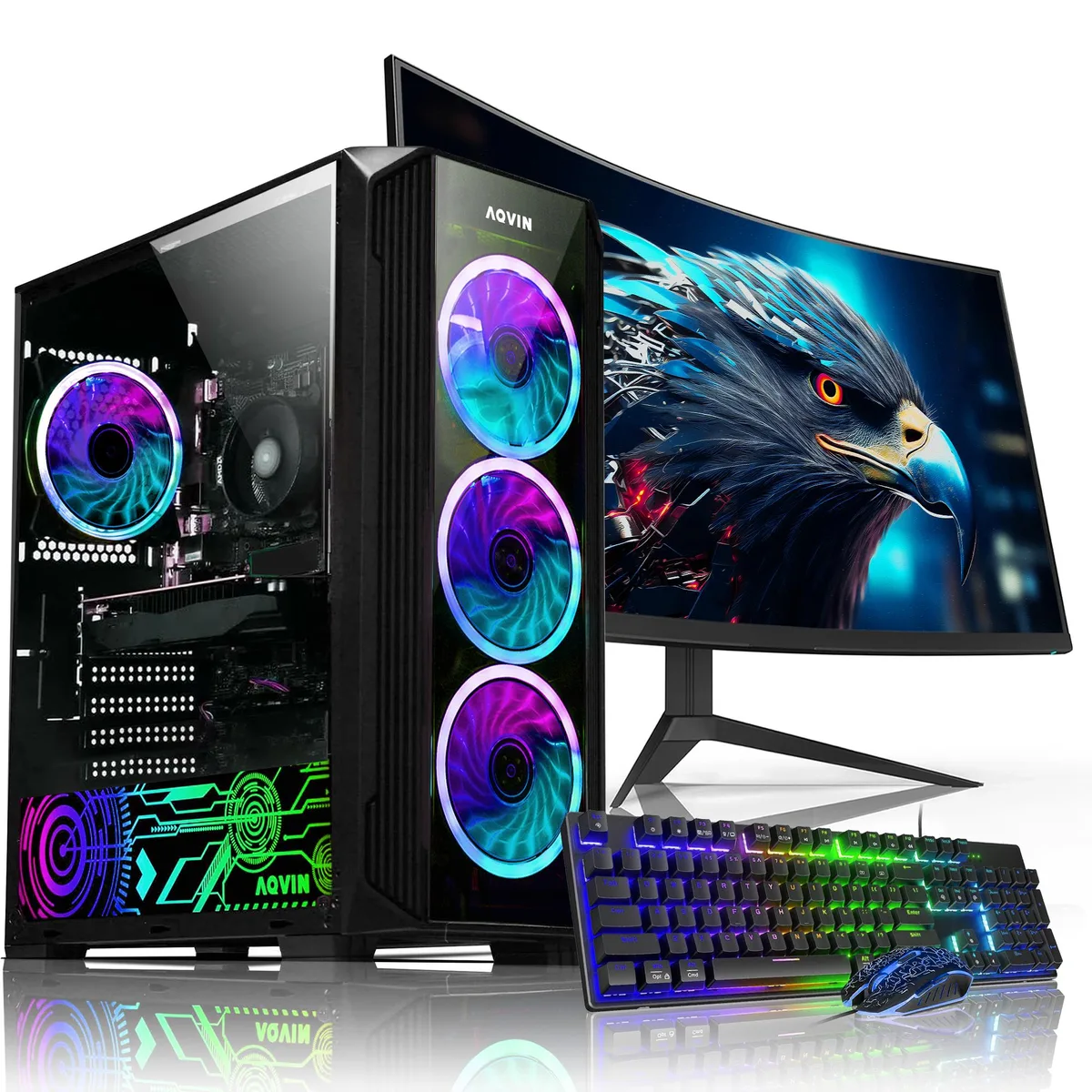 Black tower desktop with side window, 27-inch curved monitor, RGB keyboard and mouse