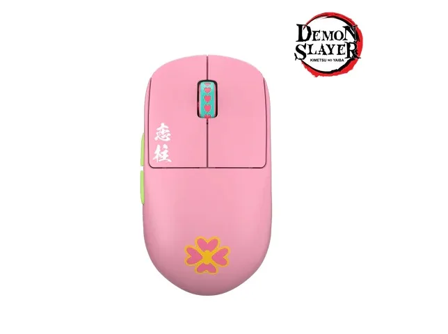 Small pink and green wireless gaming mouse with a high symmetrical hump and narrow waist