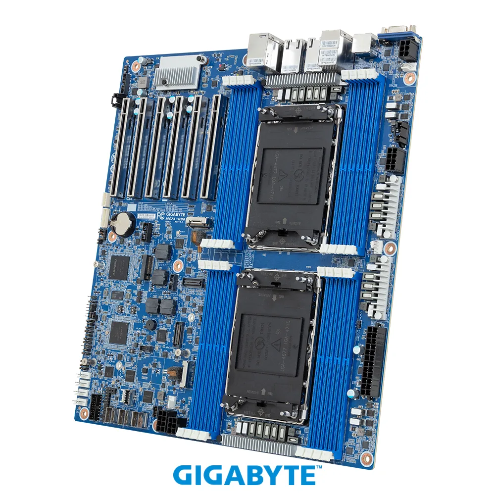 Green E-ATX server motherboard with sixteen DDR5 slots, six PCIe 5.0 x16 slots, and dual 10GbE LAN ports