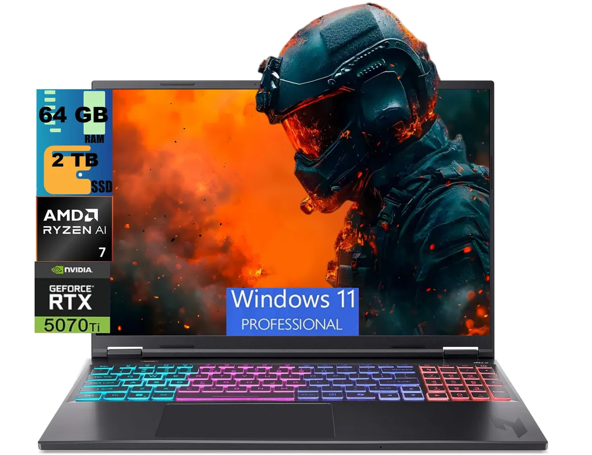 Black 16 inch gaming laptop with WQXGA display and backlit keyboard