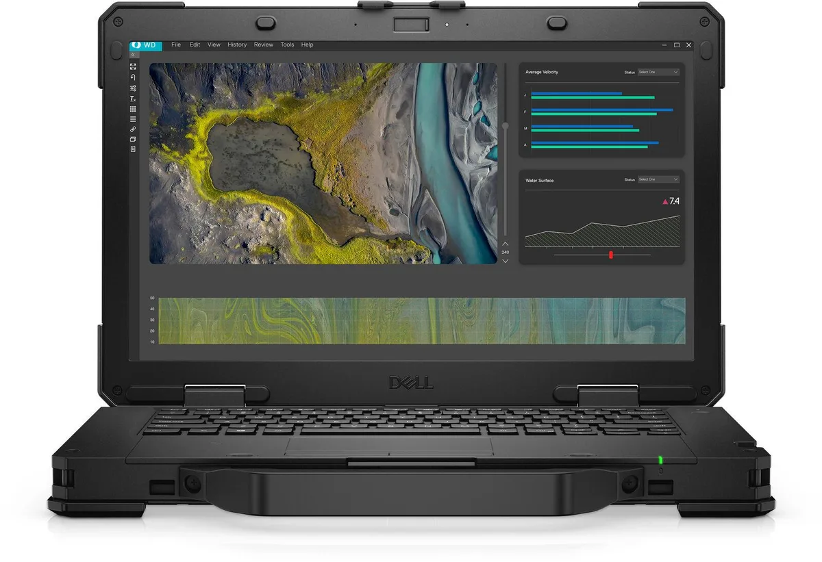 Black rugged 14 inch touchscreen laptop with sealed keyboard and carbon fibre chassis