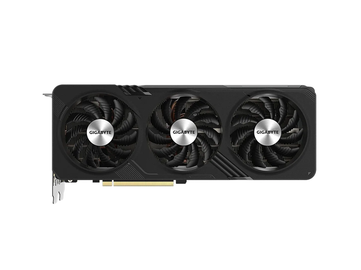 Black triple-fan graphics card with metal backplate, 2.5-slot ATX form factor