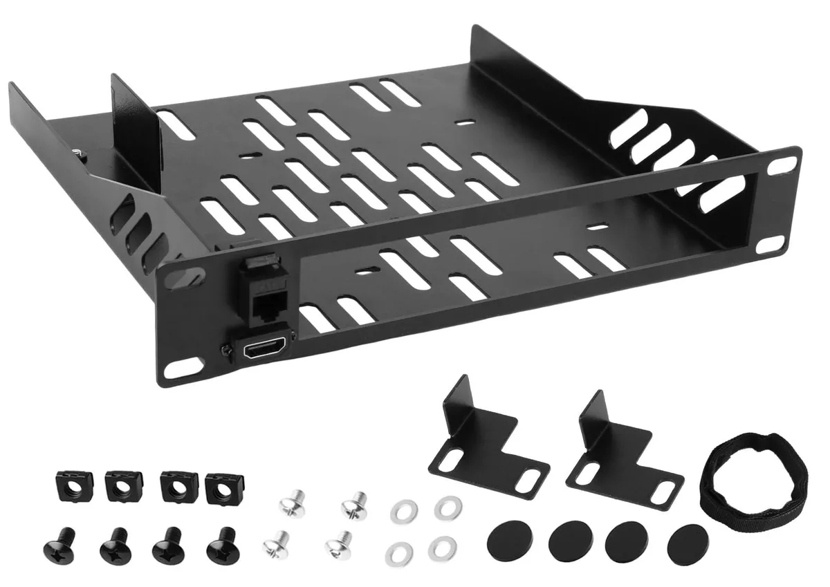Black metal 1U rack shelf with front RJ45 and HDMI ports, vented sides, holds mini PC