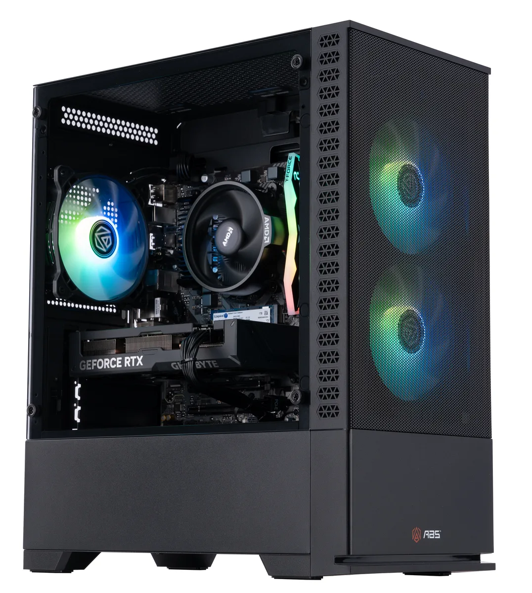 Black mATX tower with RGB memory visible inside