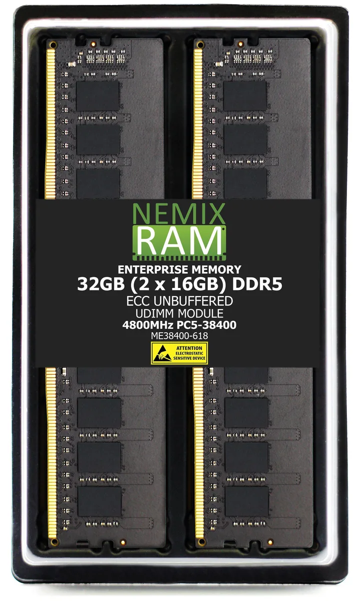 Two green DDR5 ECC UDIMM sticks in a clear tray