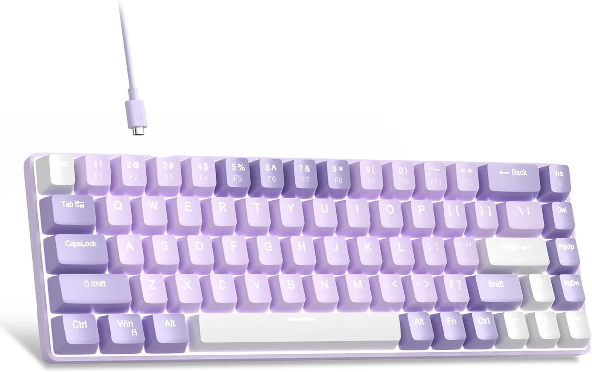 Compact 68-key mechanical keyboard in violet with white LED backlighting