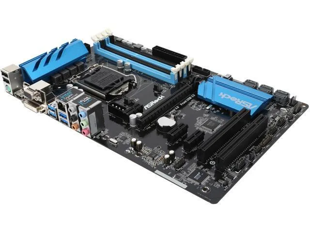ATX motherboard with black PCB, silver heatsinks, blue slots, rear I/O panel