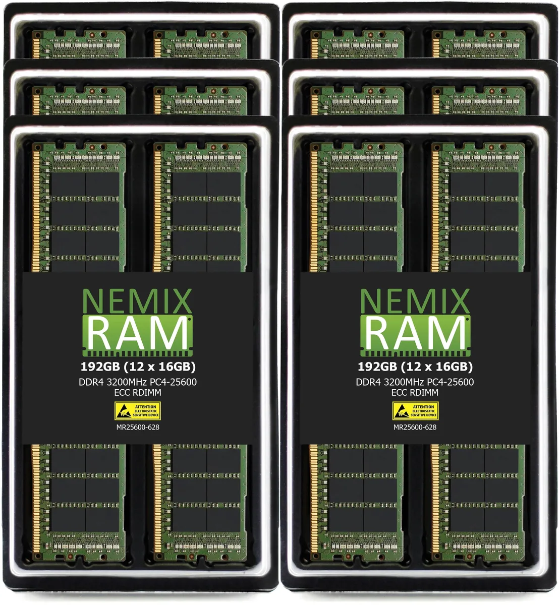 Eight green circuit boards with black memory chips in a row