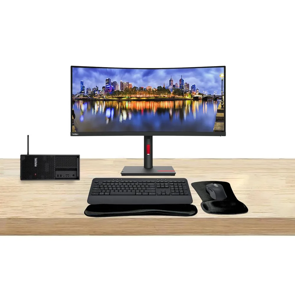 Lenovo ThinkStation P3 Tower workstation with 34 inch curved ThinkVision monitor and MK650 wireless keyboard mouse combo