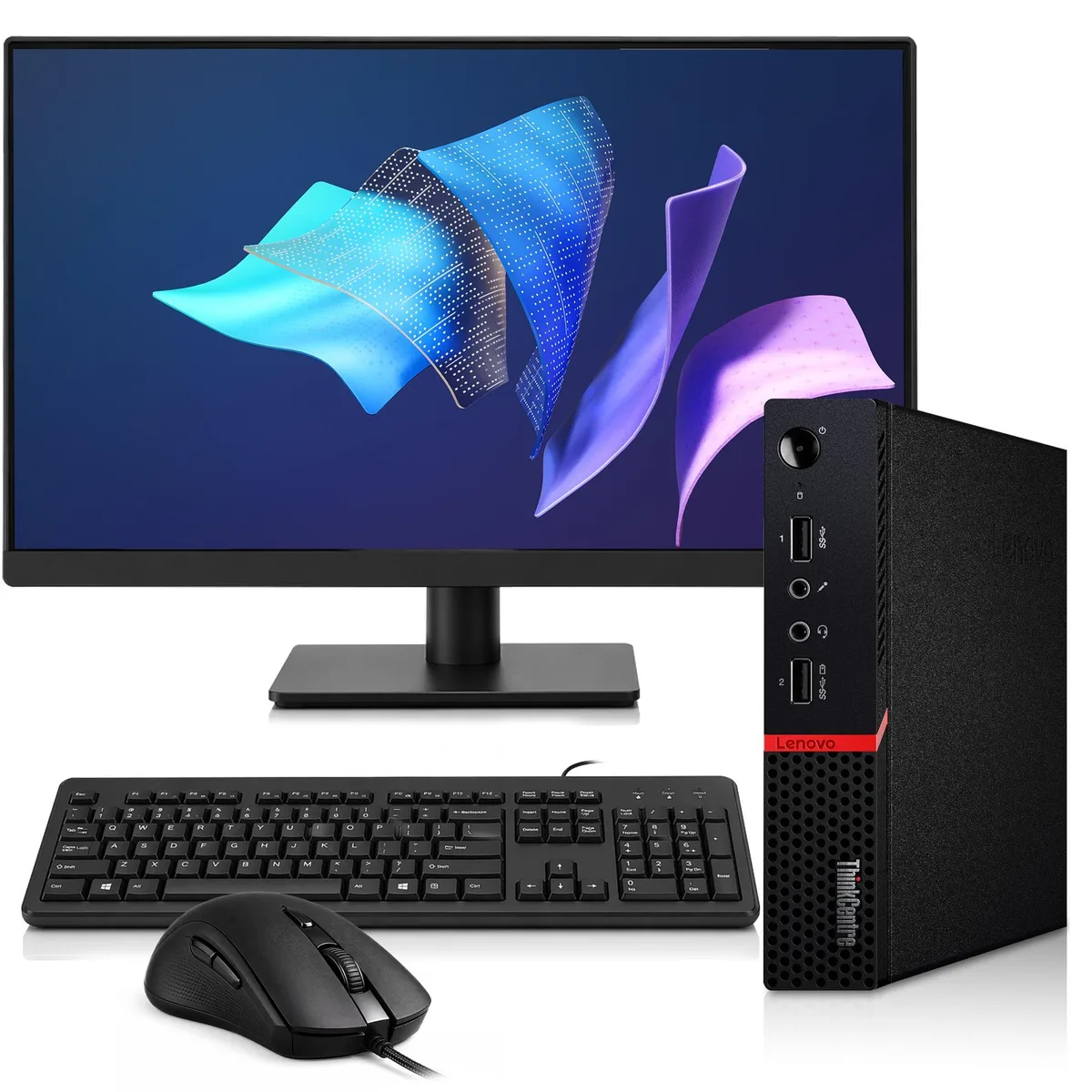 Compact black Mini PC with 24-inch monitor keyboard mouse
