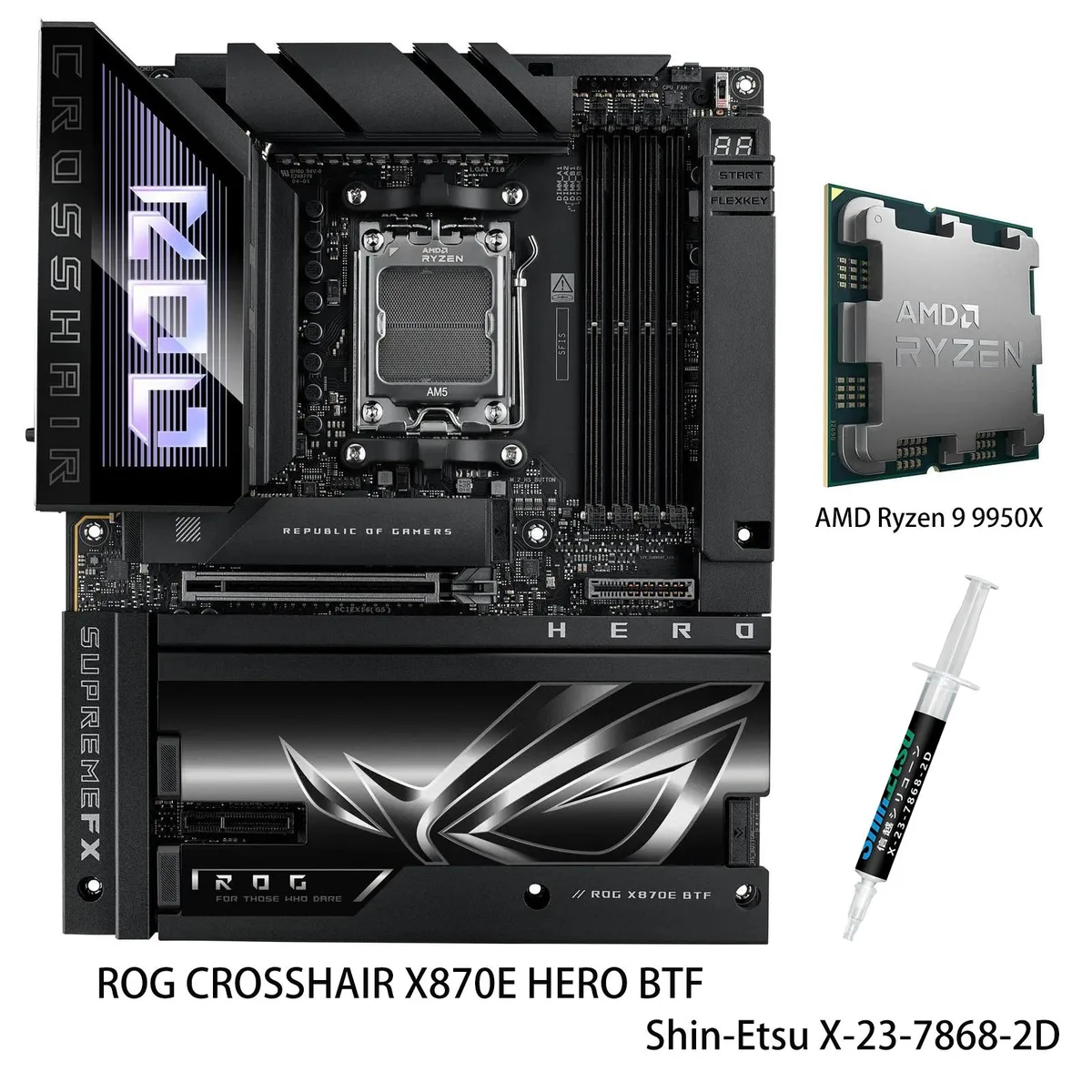 ATX motherboard with hidden rear connectors and gold high-power slot, paired with 16-core Ryzen 9 9950X CPU
