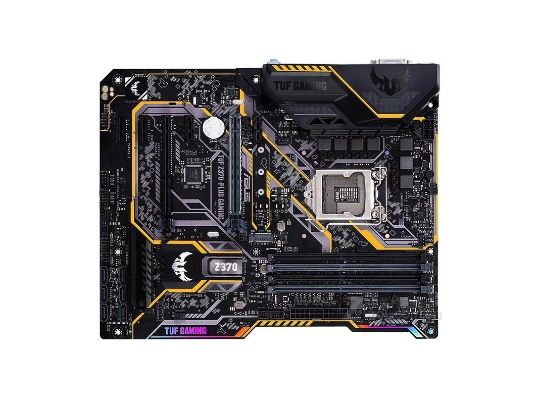 ATX motherboard with black PCB and yellow accents, LGA 1151 socket, DDR4 slots, metal backplate, SATA cable included
