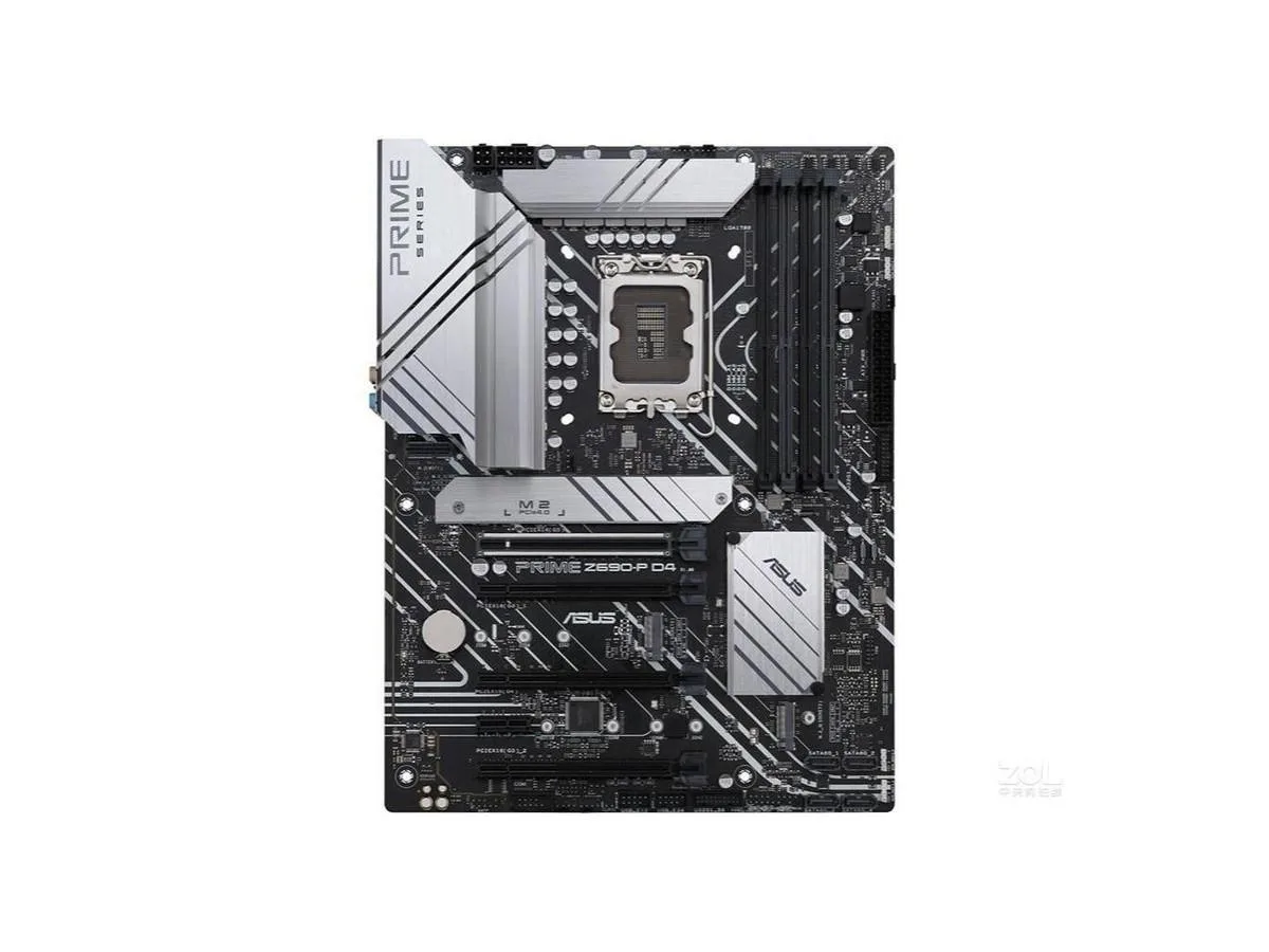 ATX motherboard with black PCB silver heatsinks LGA 1700 socket DDR4 slots SATA ports I/O shield