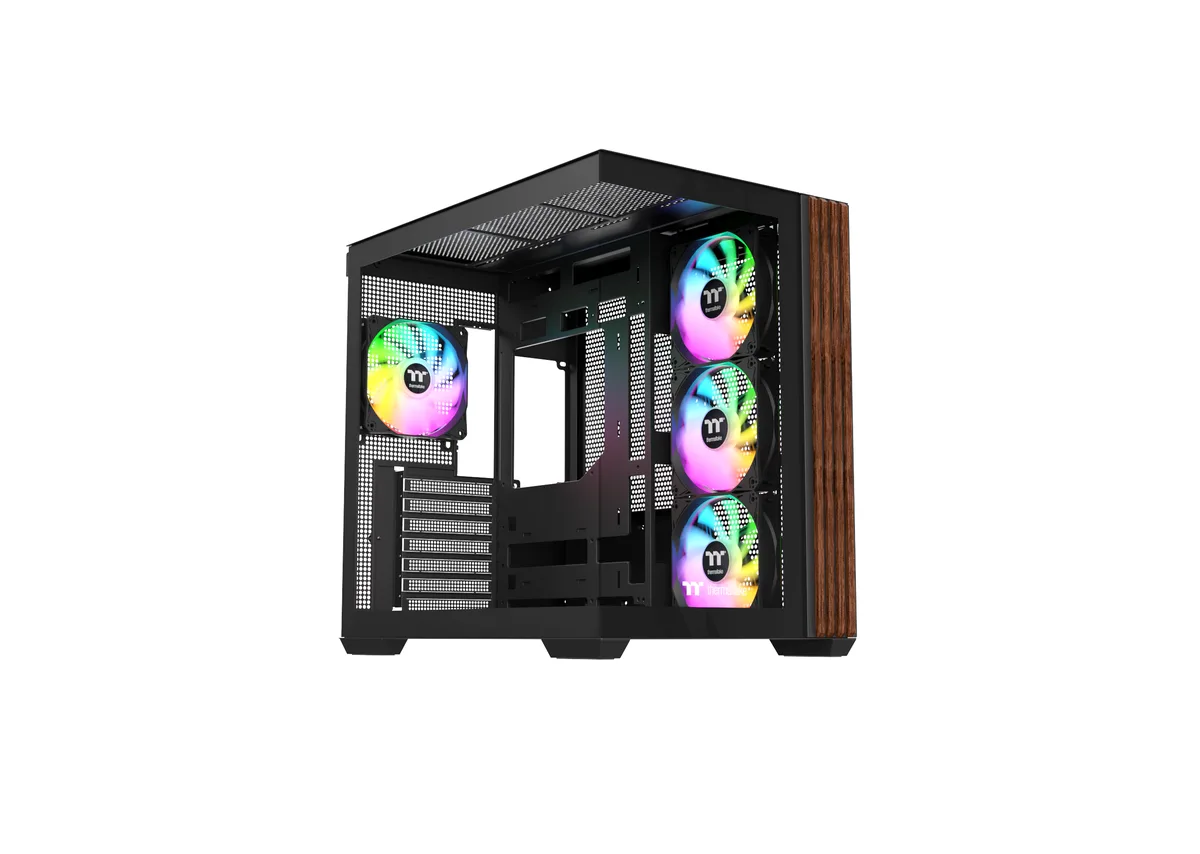 Black mid-tower case with stained wood side trim and tempered glass panels