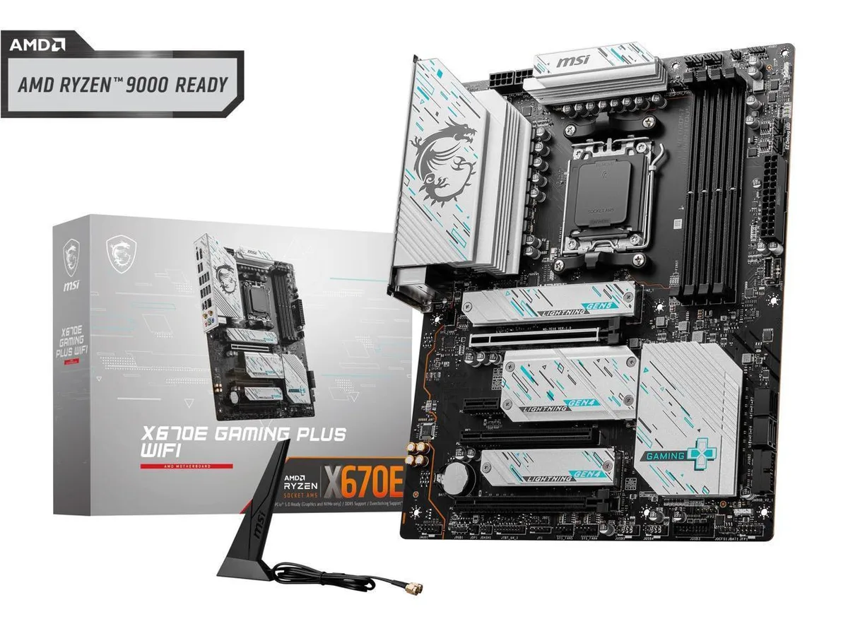 Black ATX motherboard with silver heatsinks and multiple M.2 shields