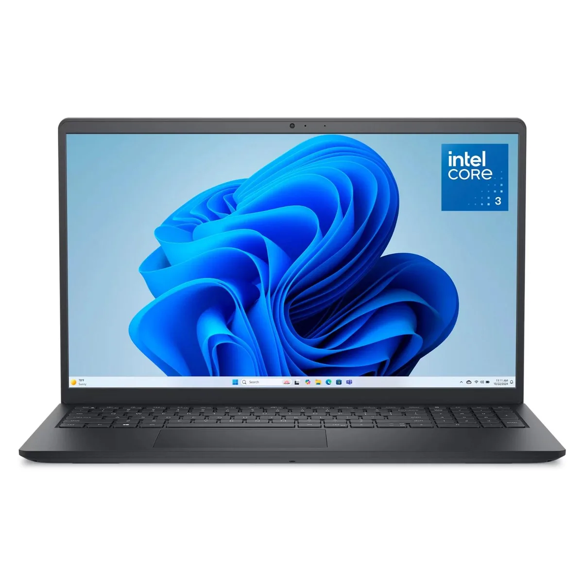 Black Dell 15 laptop, 15.6 inch FHD screen, plastic chassis, lifted hinge design, numeric keypad