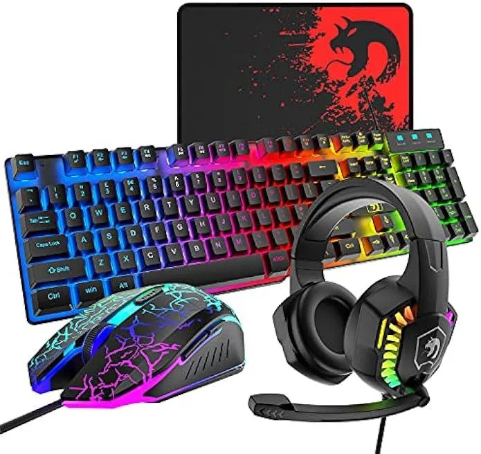 Black wired gaming combo: keyboard, mouse, headset, mouse pad, rainbow backlighting