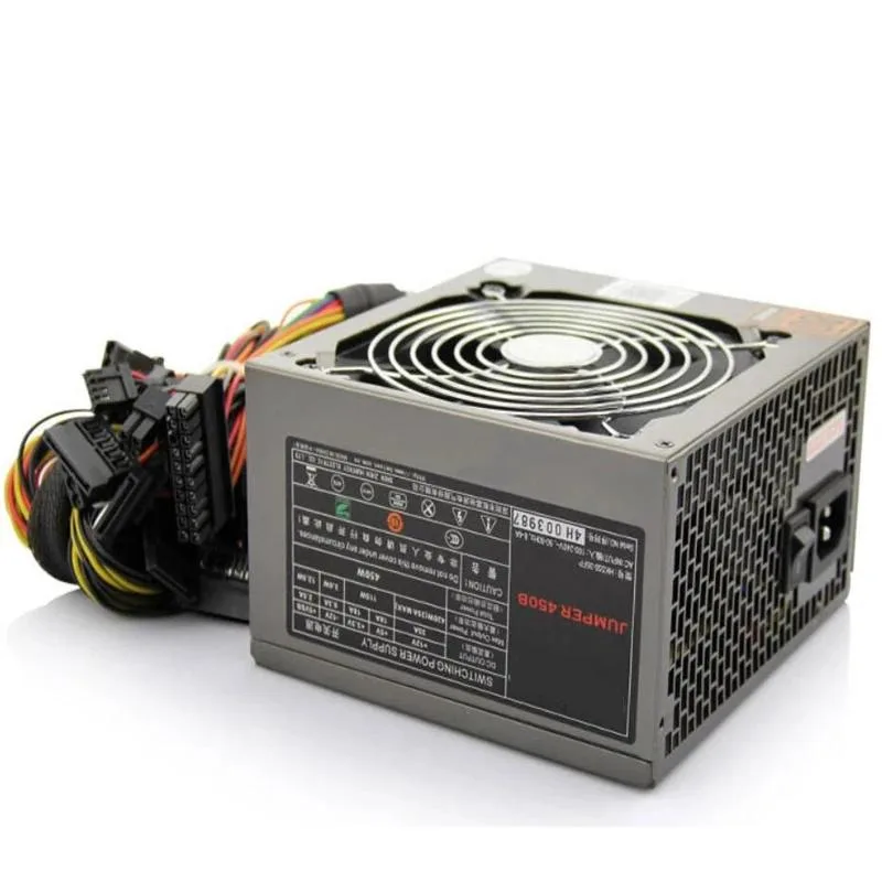 Silver rectangular ATX power supply with fan grille and cable bundle