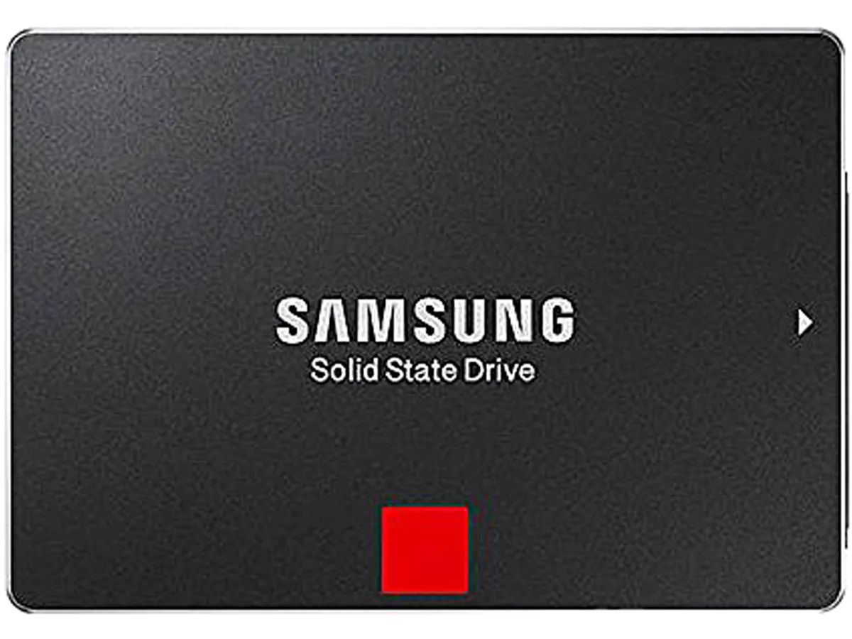 Rectangular silver 2.5 inch SSD with label, SATA connectors visible