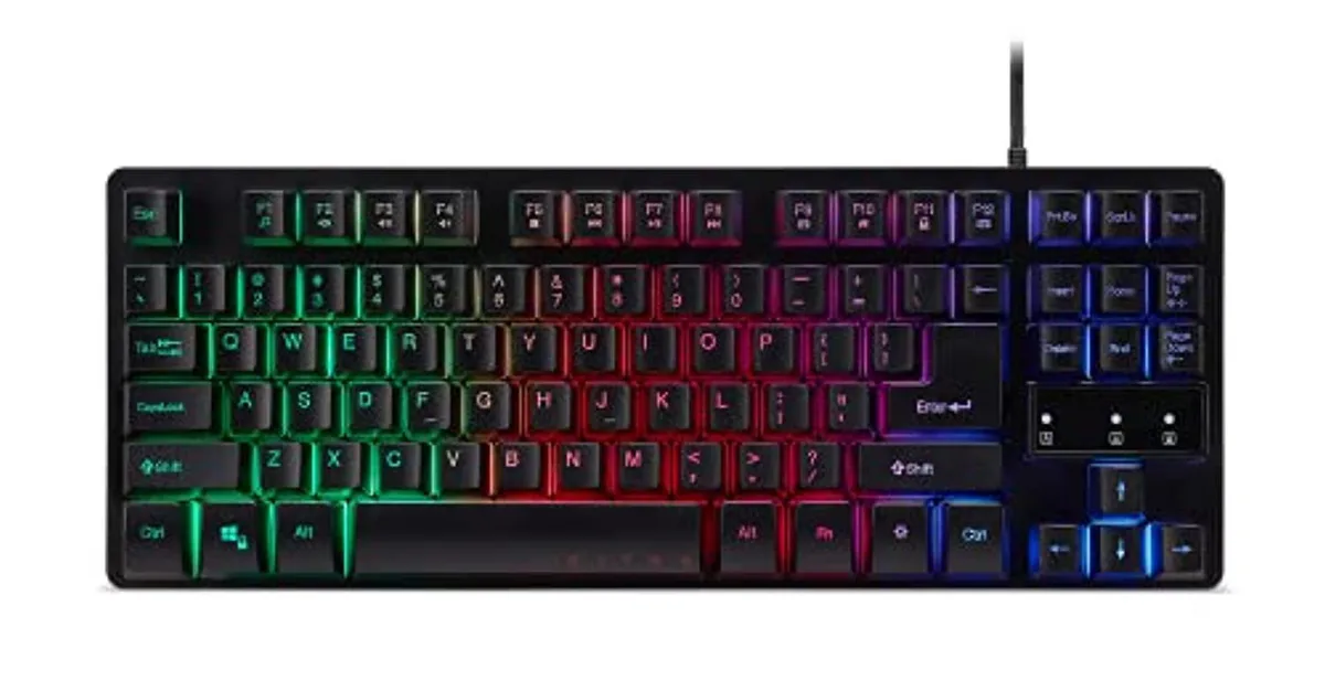 Compact tenkeyless gaming keyboard with three-zone LED backlighting and 5.9ft cable