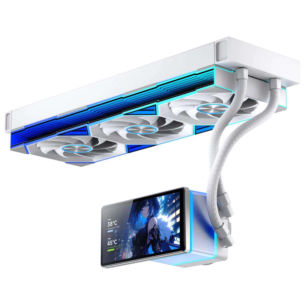 White 360 mm AIO with 5.5-inch rotating LCD screen and three ARGB fans