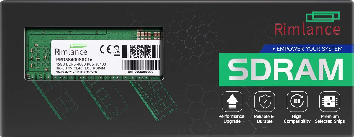 Green 288-pin DDR5 RDIMM module with black chips and silver contacts