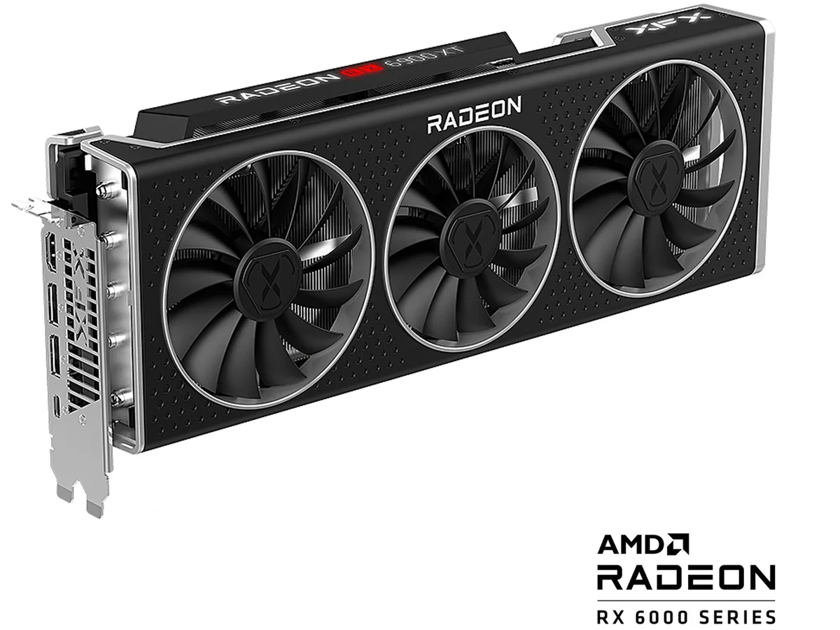 Large triple-fan graphics card with silver shroud and exposed copper heatpipes