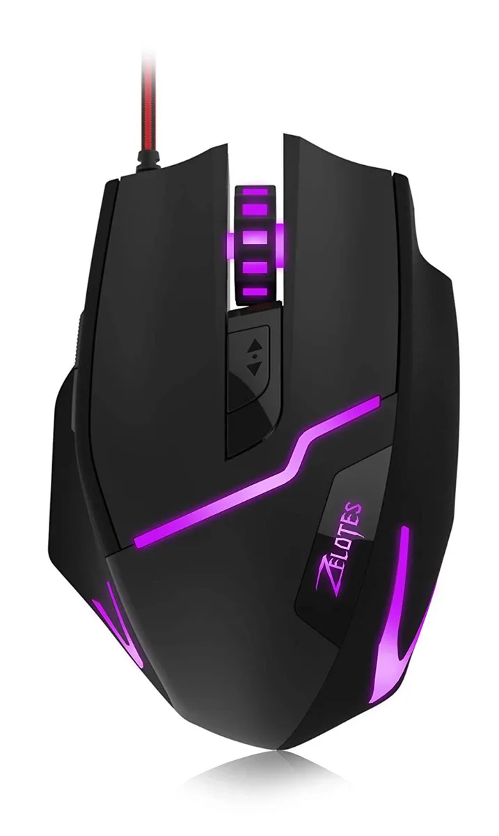 Black right-handed wired gaming mouse with seven buttons and LED lighting