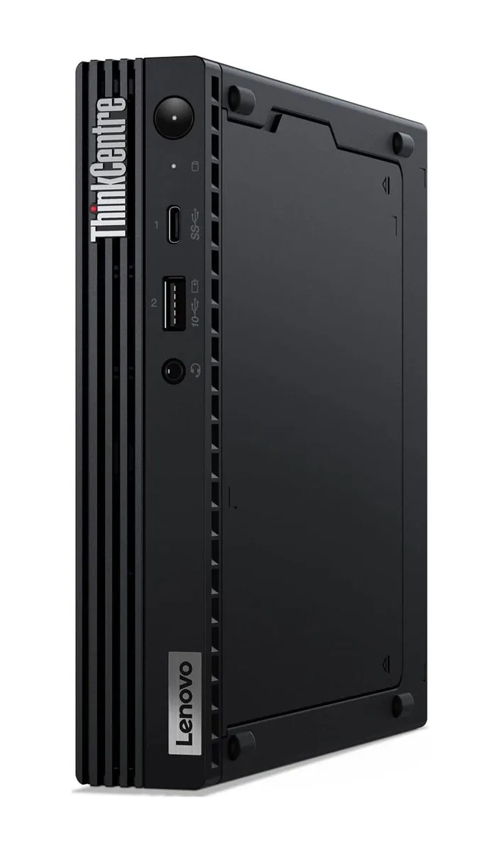 Small black rectangular mini PC with smooth matte finish and compact square footprint