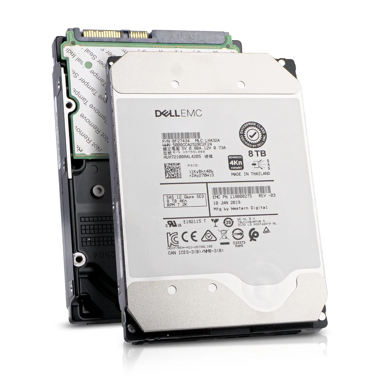Silver 3.5 inch enterprise hard drive with SAS connector and circuit board visible